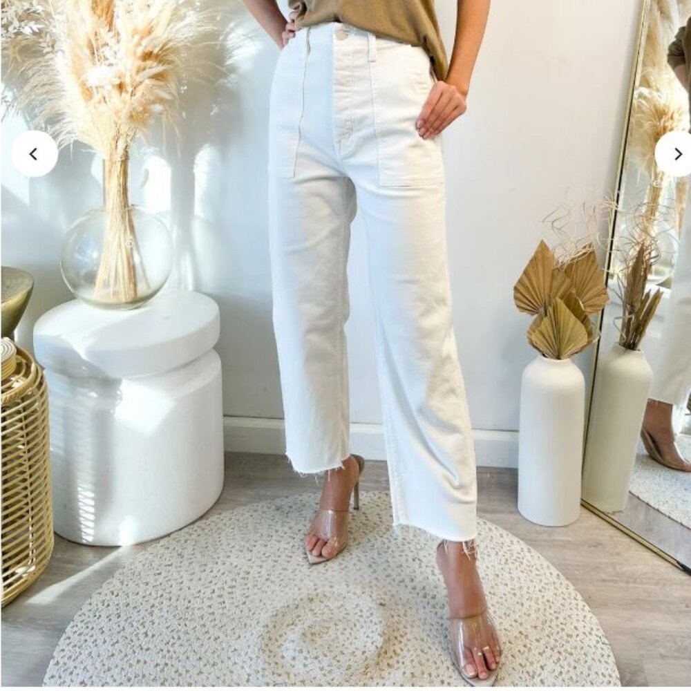 MOTHER White High-Rise Cropped Straight Jeans with Raw Hem